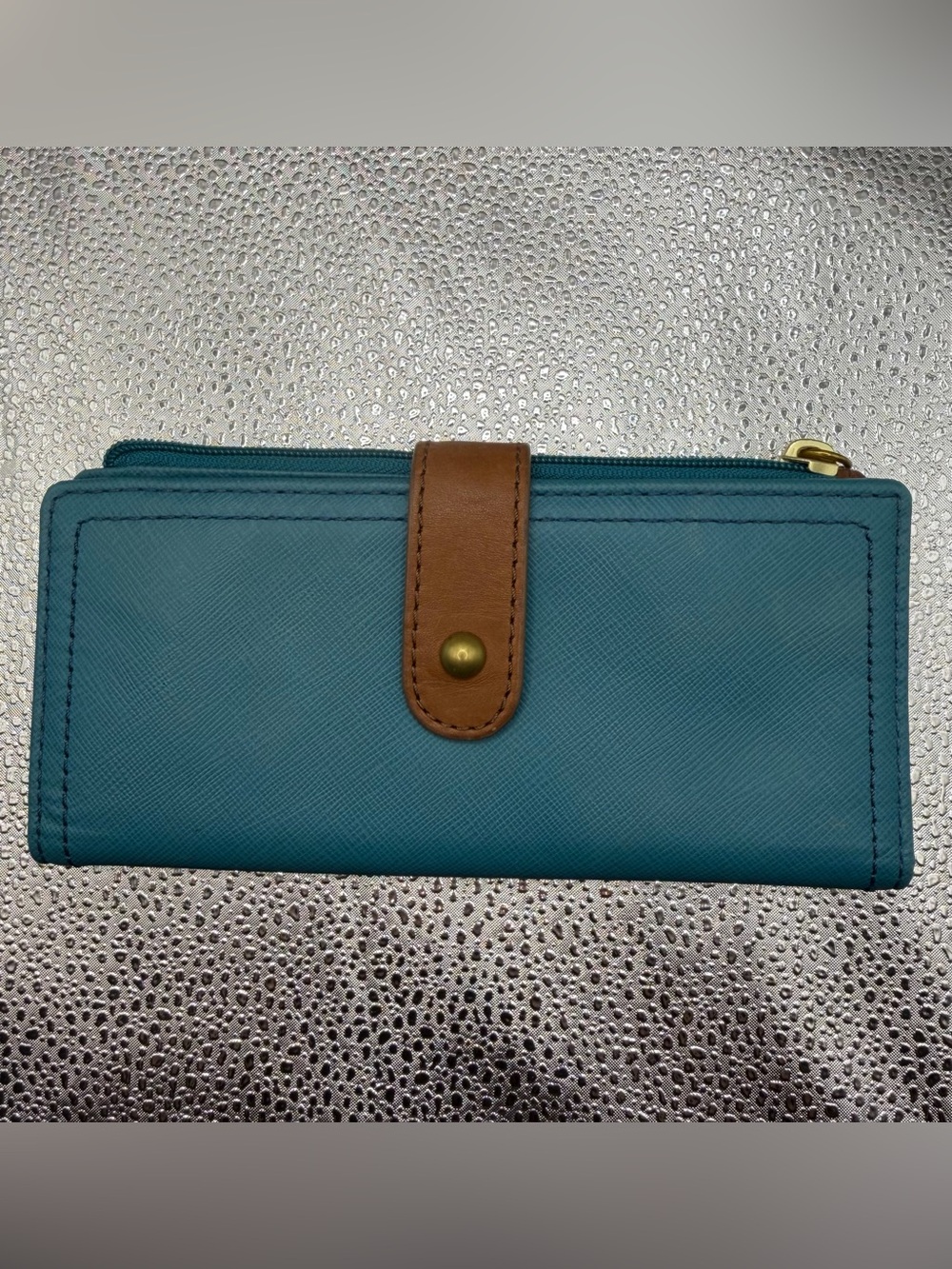 Fossil Lainie Teal Leather Slim Fold-Over Clutch Wallet